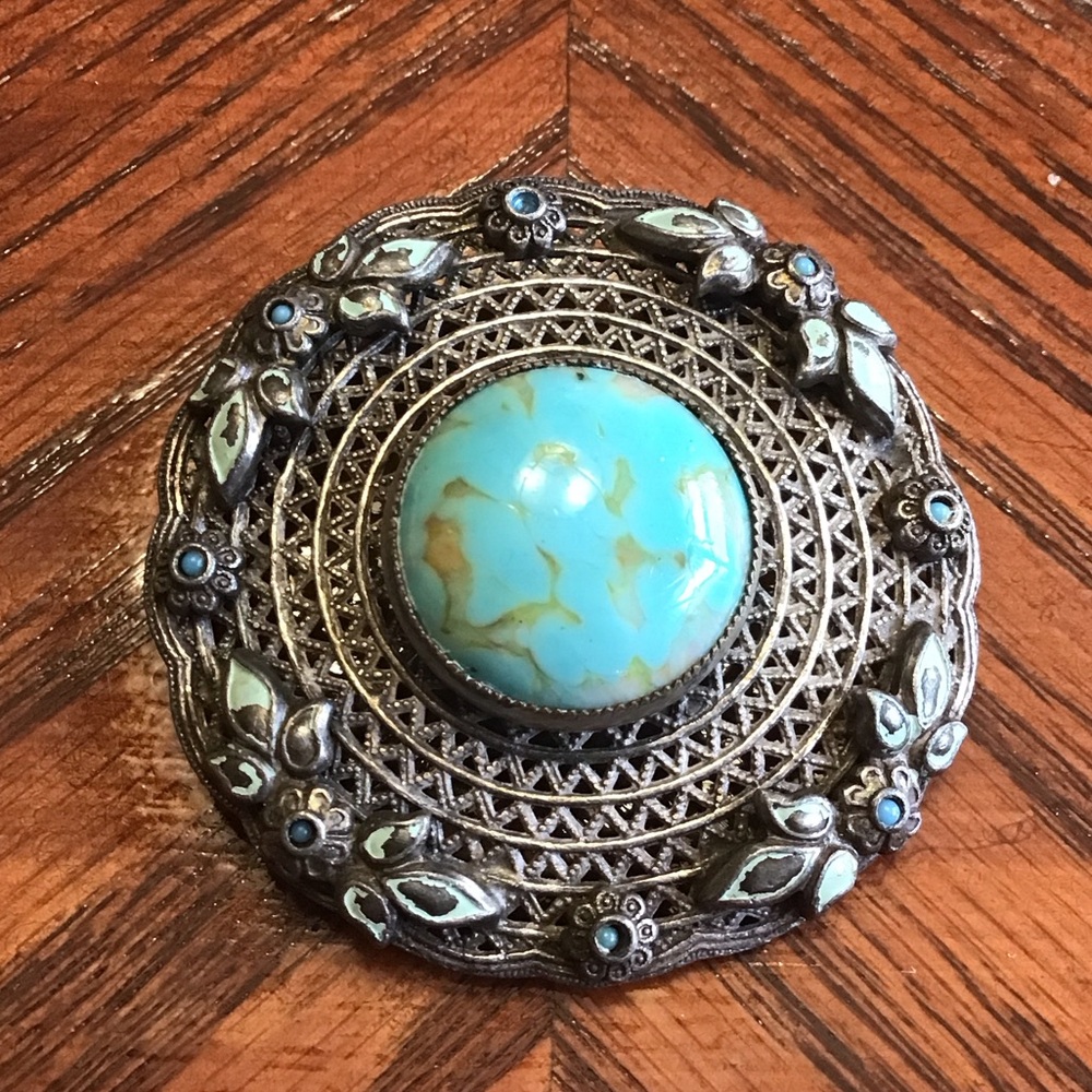 Vintage Large round Turquoise and Silver Brooch